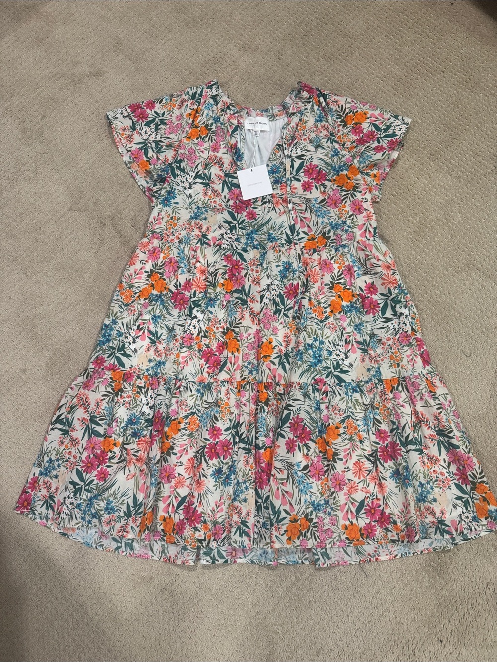 Lavender Brown Floral Mini Dress in Pink, Orange & Green